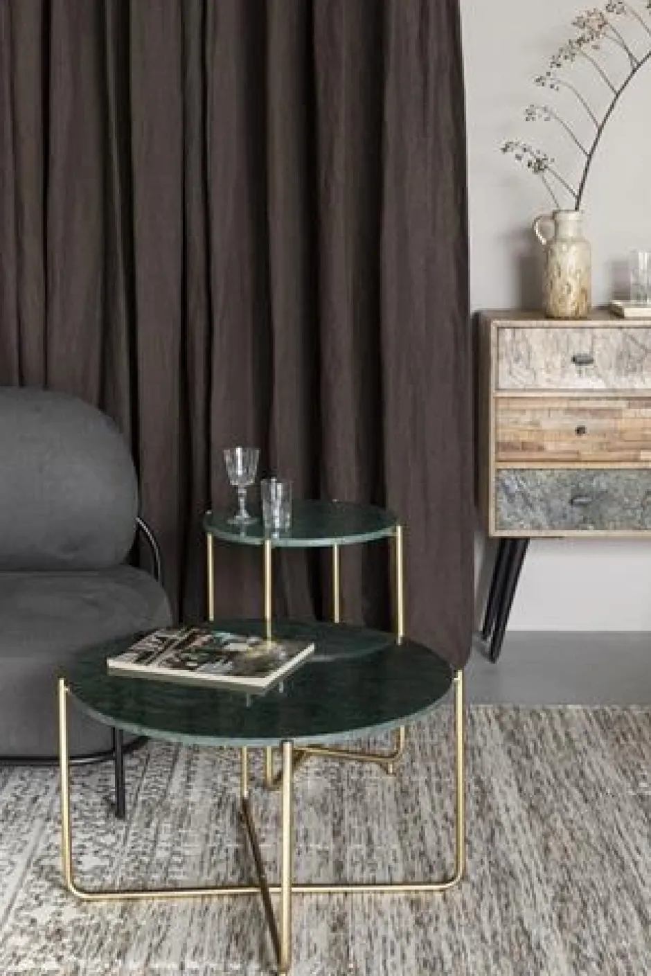 Soffbord|Vardagsrum|Reforma Soffbord 'Timpa' Runt 70cm - Grön marmor/Guld